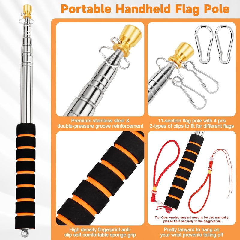 CATMOOW Portable Handheld Flag Pole for Carrying, 8.2Ft/2.5M Stainless Steel Telescopic Hand Held Carry Flagpole, Telescoping Tour Guide Flag Pole Extendable Hand Flagpoles for 3x5 4x6 flags with 4 Pcs Clips - Image 4